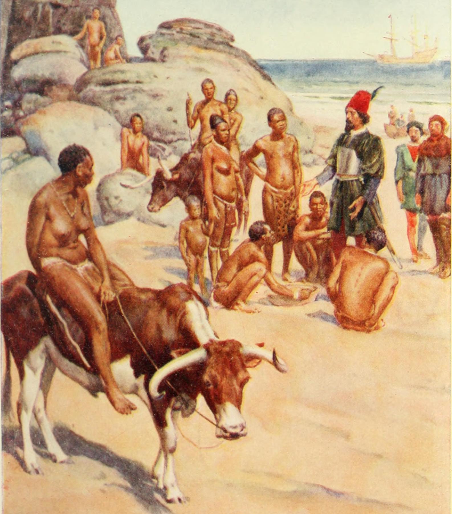 El portugués y los hotentotes — grabado histórico (Internet Archive Book Images, Wikipedia)